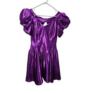Alfred Angelo Shiny Purple Satin Puff Sleeve Midi Dress
